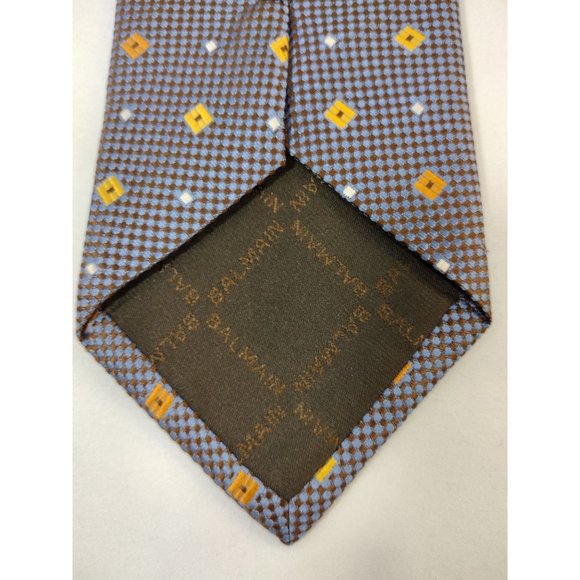Pierre Balmain Paris Mens Tie blue brown Abstract Geometric check Silk - Picture 4 of 7